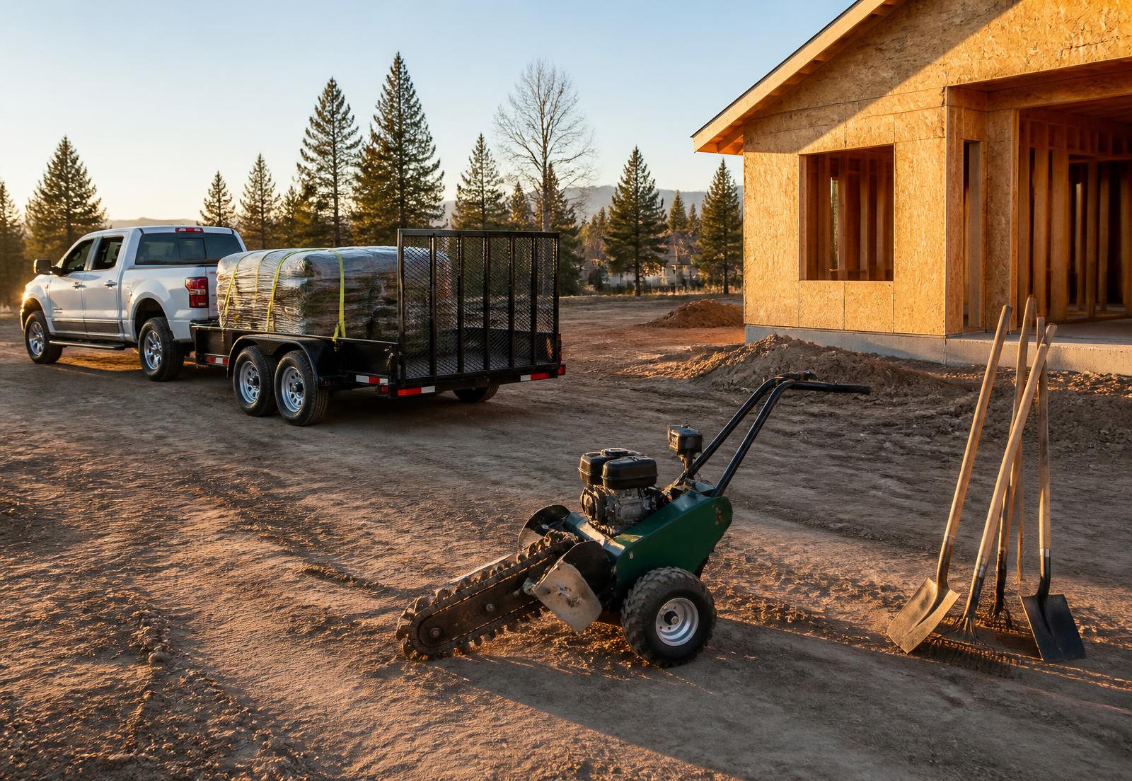 Landscaping equipment and sod pallets staged at a house under construction