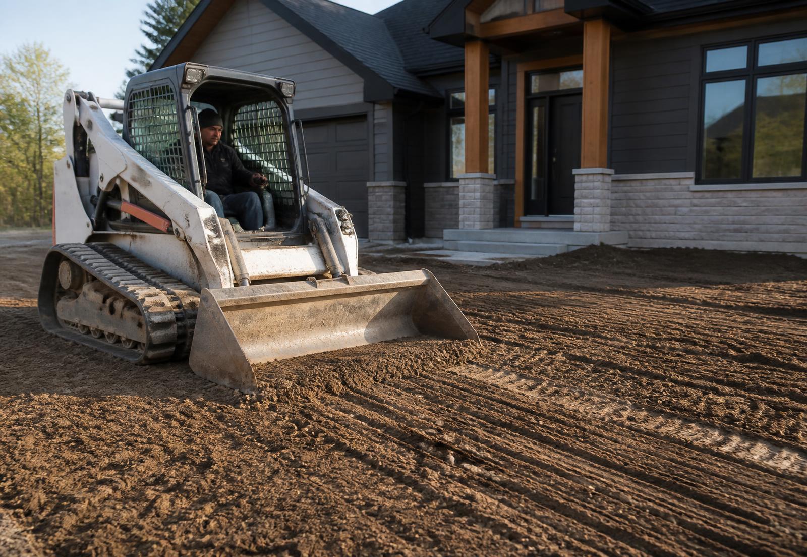 Compact loader finish-grading soil in front of a newly built home