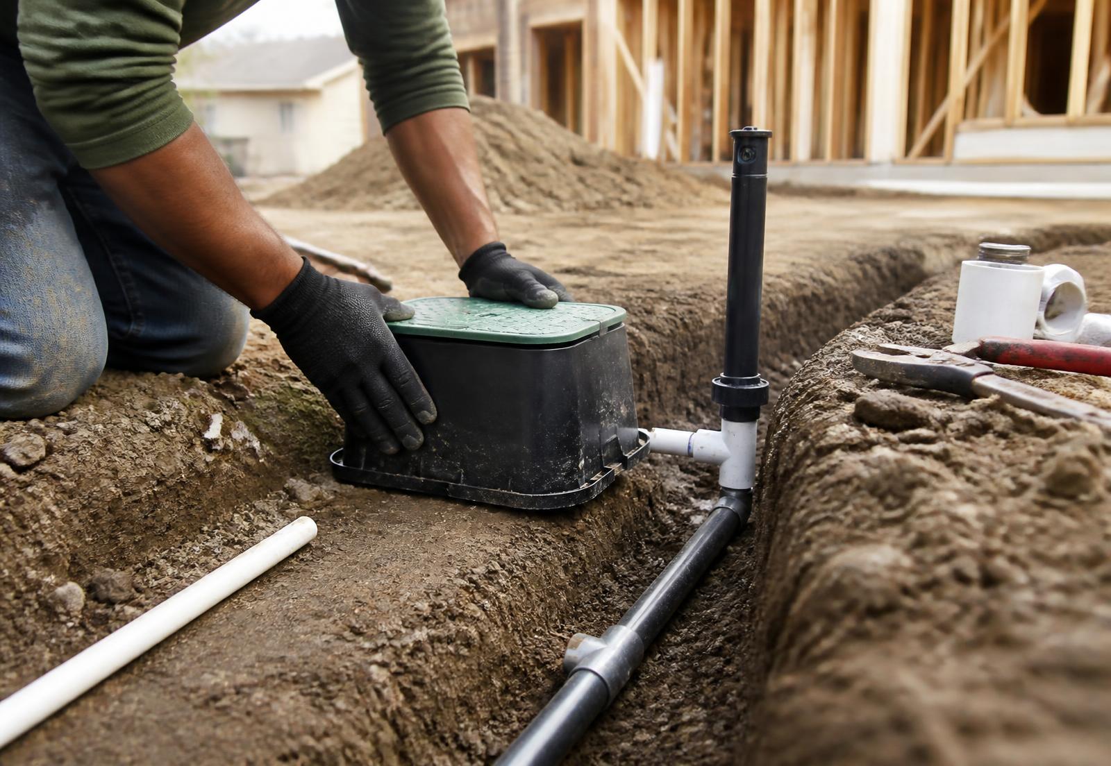Irrigation lines and a valve box being installed during construction