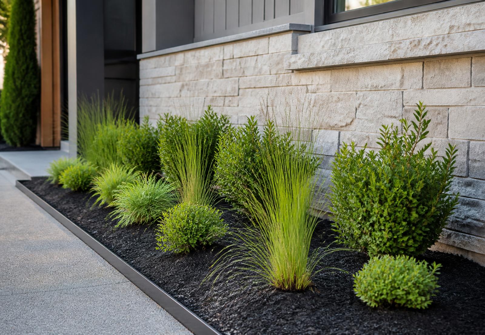 Newly installed planting bed along a modern home foundation