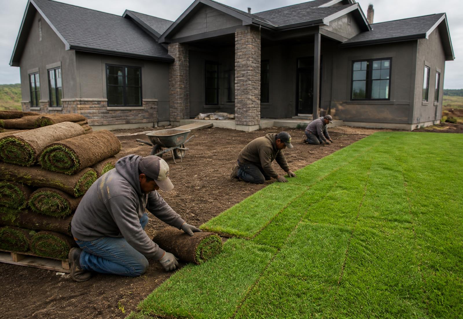 Landscape crew installing rolls of sod at a new home