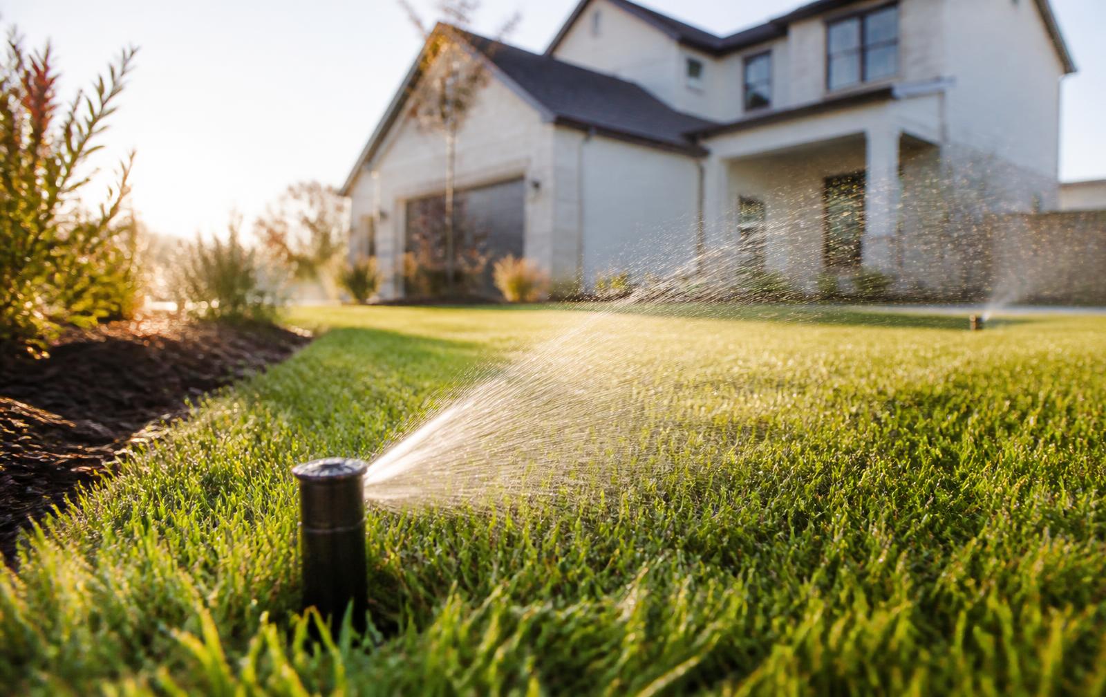Sprinkler head watering a newly installed lawn in front of a new home
