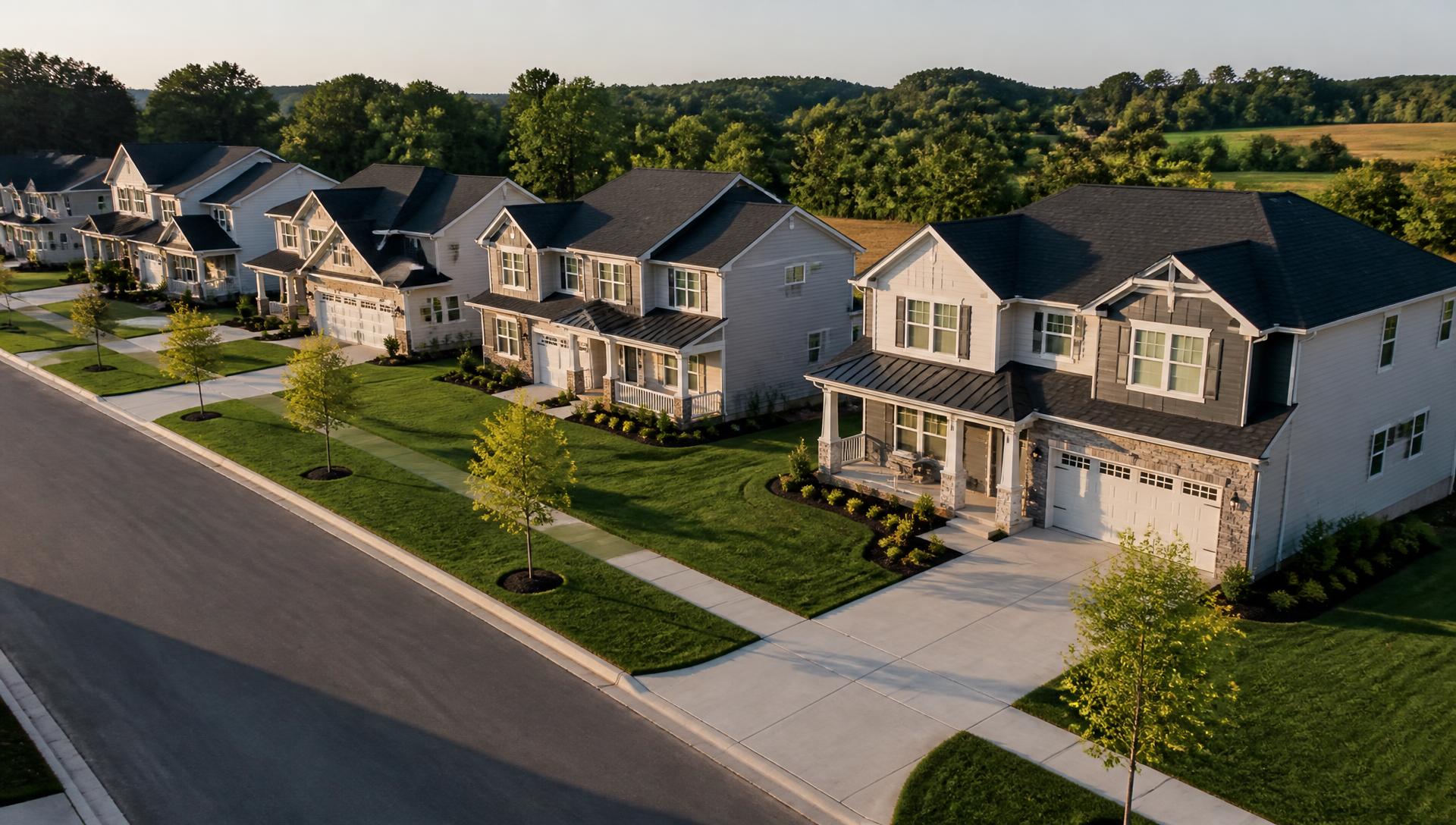 New residential subdivision street with completed lawns and young street trees