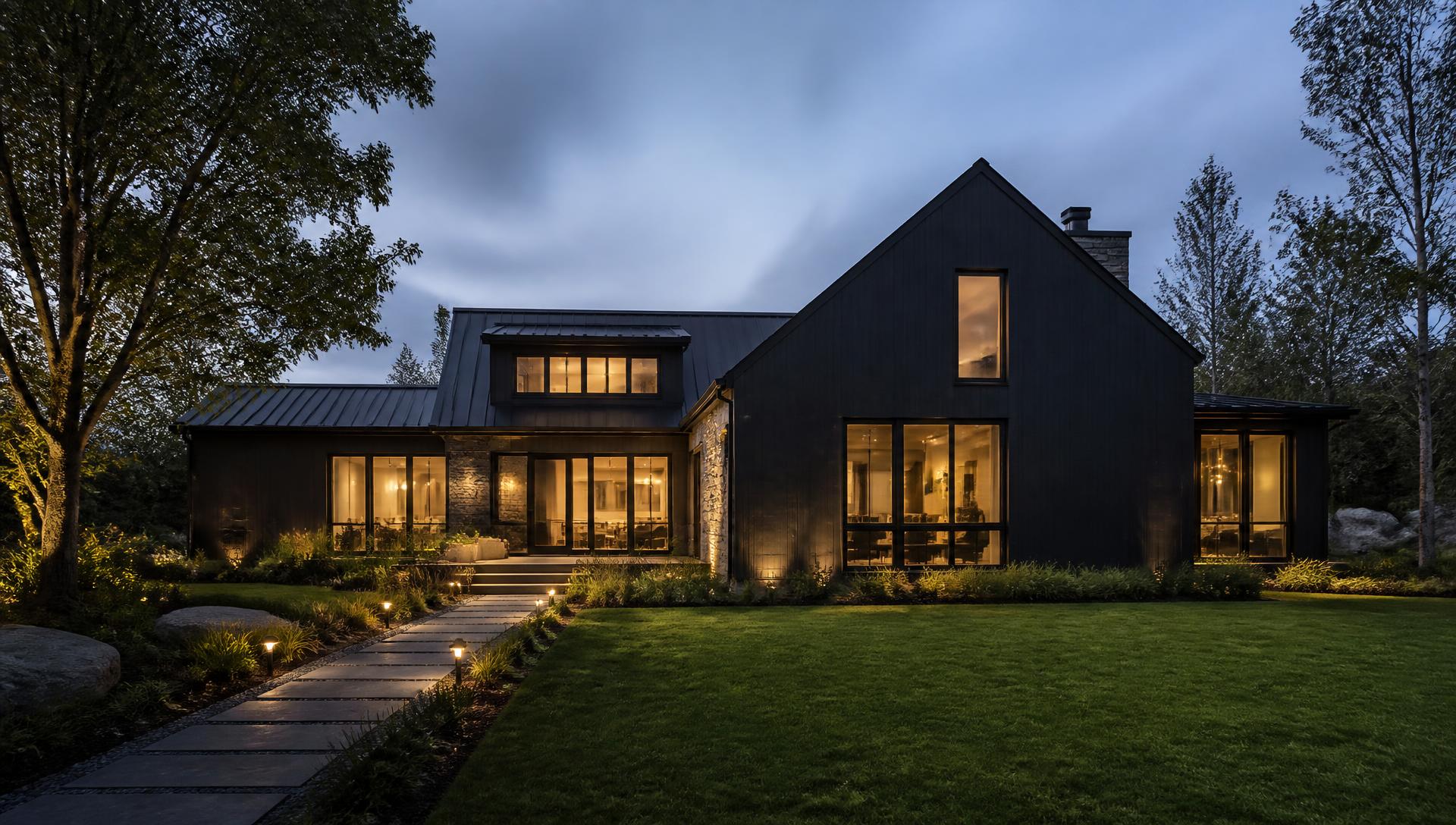 Modern new construction home at twilight with a finished lawn and lit walkway